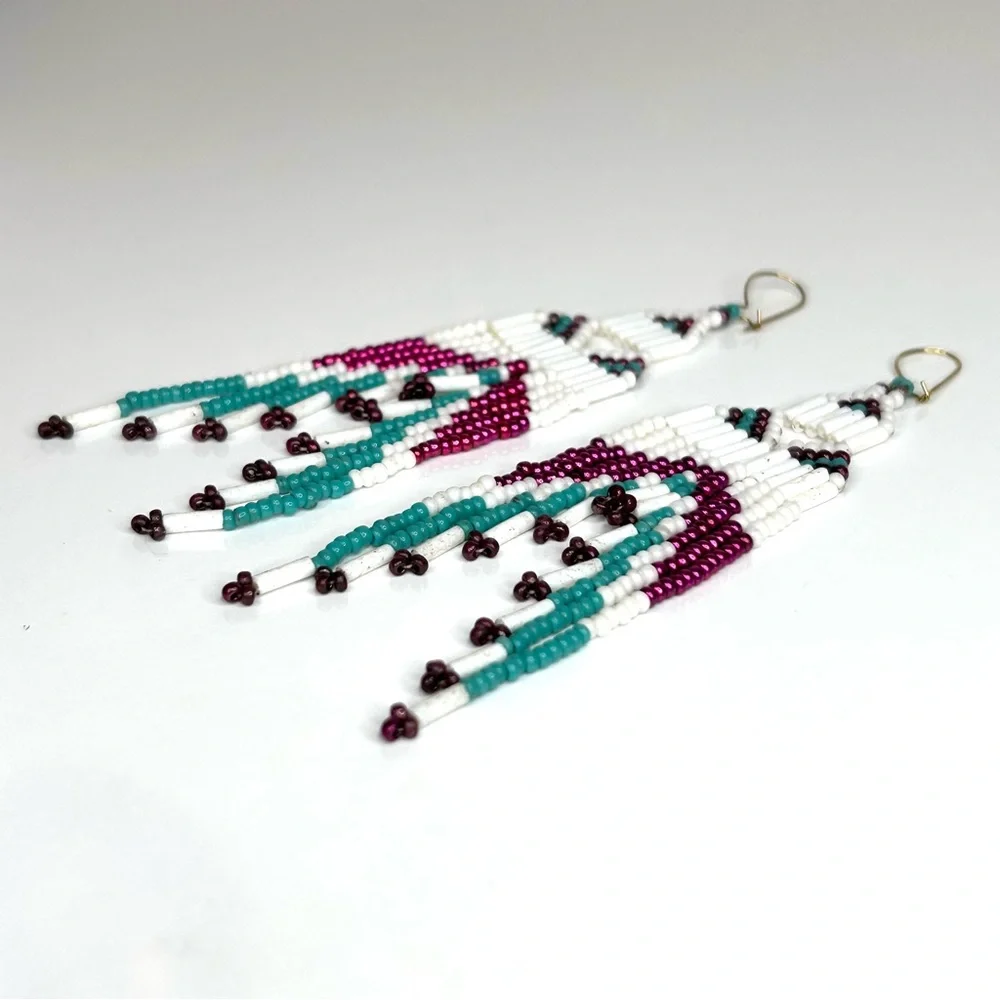 Hand Made 4” Fringe Dangle Beaded Earrings - Picture 6 of 7